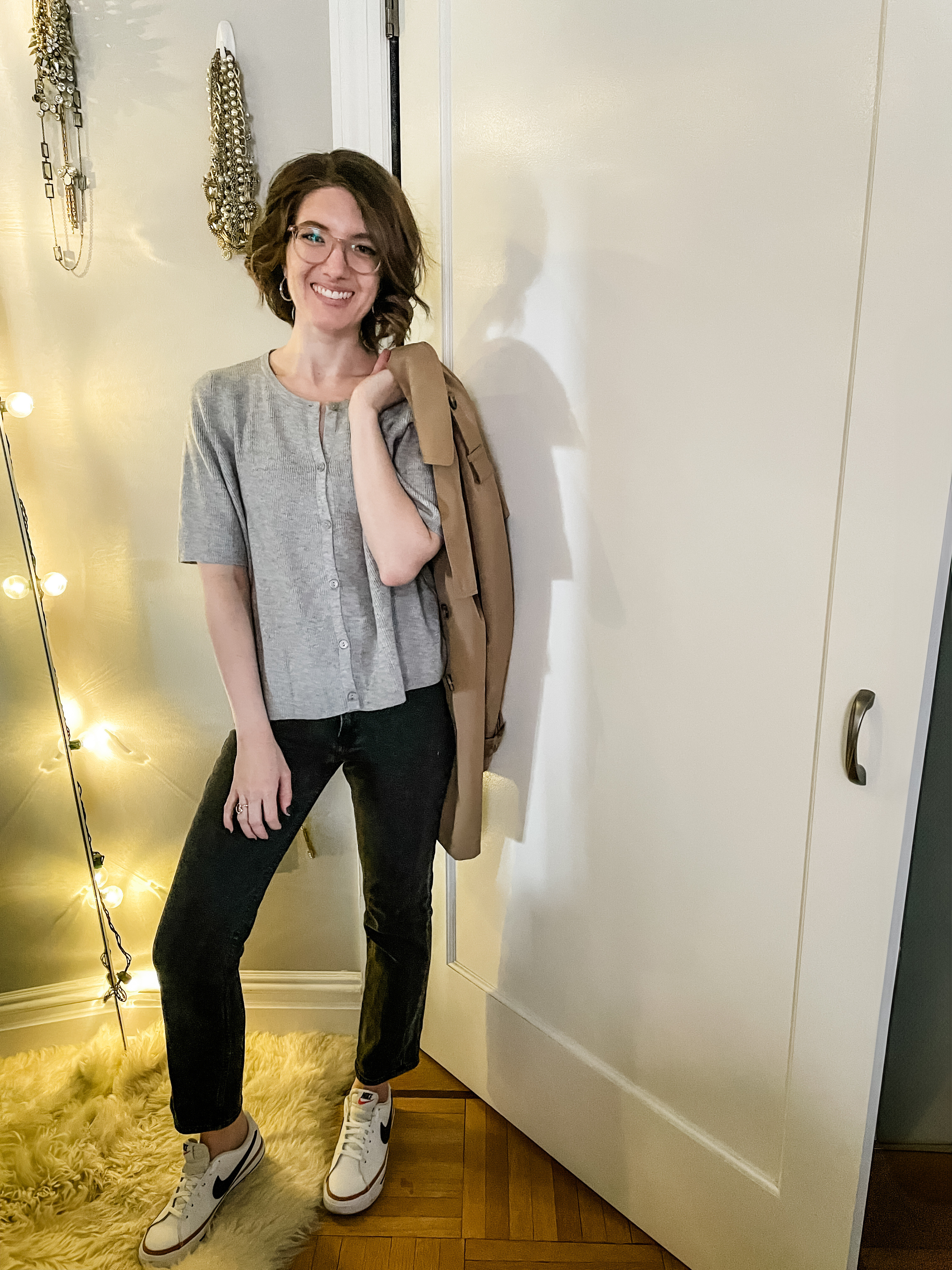 Trench: I sized down
Shirt sleeve cardigan: TTS ; SO soft 
Jeans: I sized up 1
Sneakers: wearing the kids size 

#LTKHoliday #LTKCyberWeek #LTKWorkwear