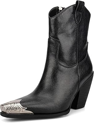 Cowboy Ankle Boots for Women Engraved Steel Toe Cowgirl Boots Stacked Block Heels Short Cowboy Bo... | Amazon (US)
