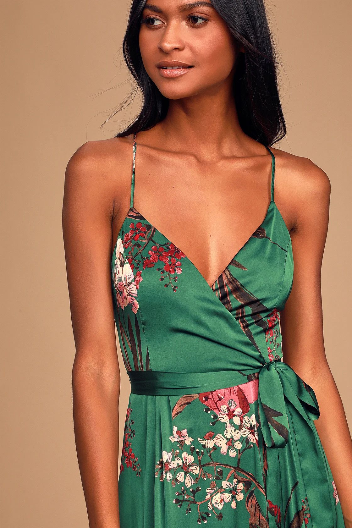 Still the One Emerald Green Floral Print Satin Maxi Dress | Lulus (US)