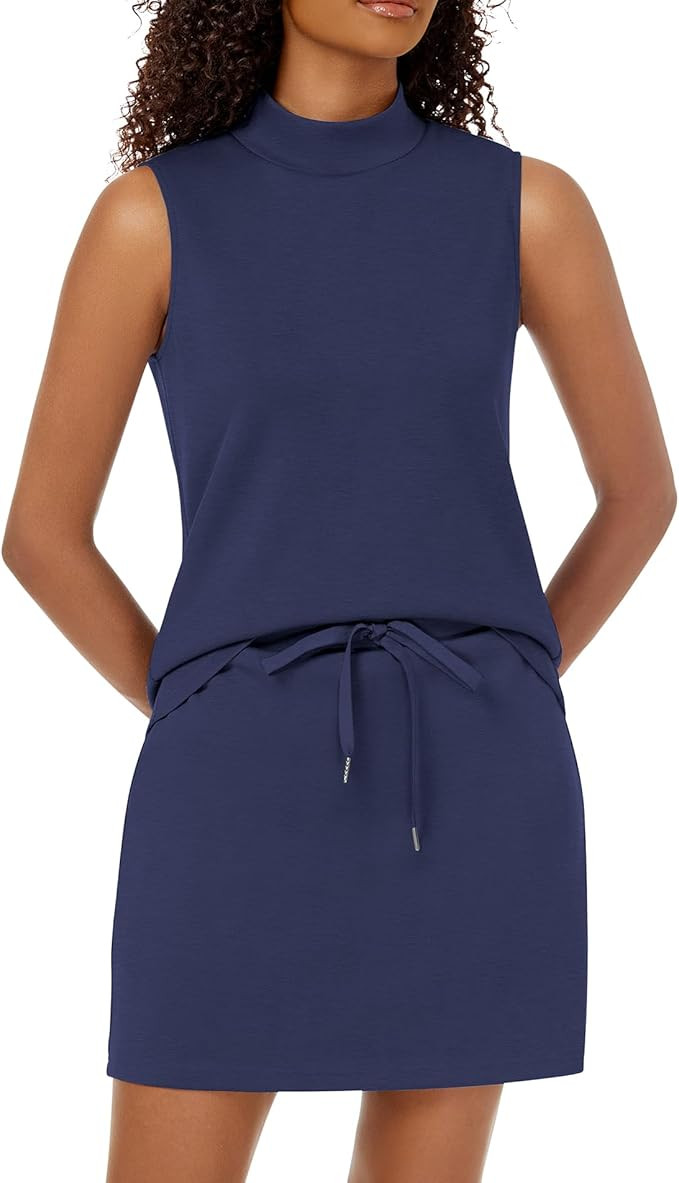 Two Piece Skirt Set for Women Sweatsuits Tennis Outfits Casual Mock Neck Sleeveless Top Elastic S... | Amazon (US)