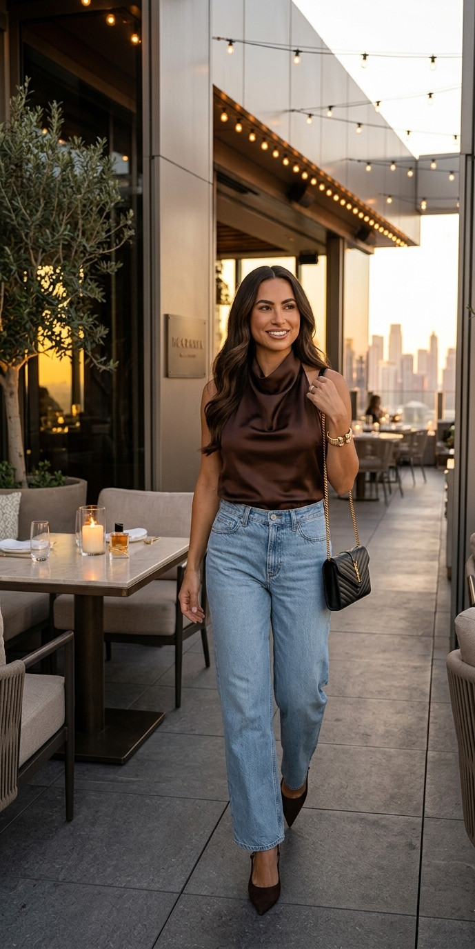 This look feels SO elevated and expensive 🤎 A satin chocolate brown top paired with relaxed denim and pointed heels is one of my favorite effortless date night formulas lately.

Perfect for:
rooftop dinners, vacation nights, girls night, upscale casual dinners, or anytime you want to feel polished without trying too hard ✨

Everything linked in my LTK.

#ltkstyle #quietluxury #datenightoutfit #oldmoneyaesthetic #luxurystyle #classyfashion #elevatedbasics #richgirlaesthetic #femininefashion #capsulewardrobe 

 