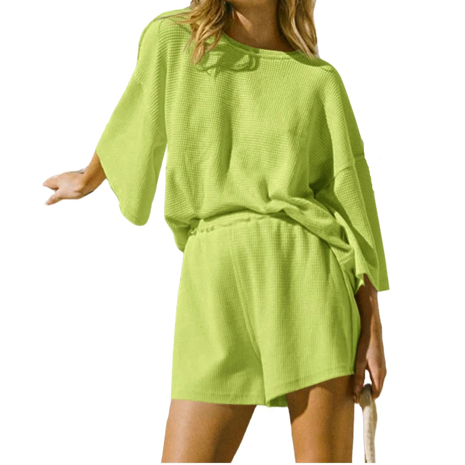 Solid Color Women 2piece Casual Sets 3/4 Sleeve Tops and Shorts Pants Sets | Walmart (US)