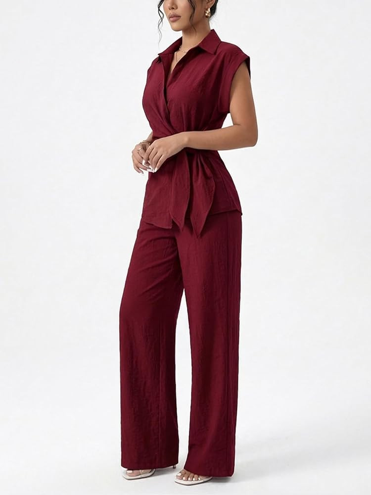 Womens Dressy Two Piece Sets Cap Sleeve Tie Waist Shirt Wide Leg Pants | Amazon (US)