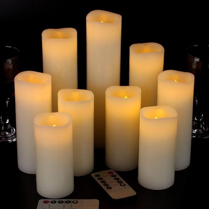 Vickiss Flameless Candles Battery Operated Candles 4" 5" 6" 7" 8" 9" Set of 9 Ivory Real Wax Pill... | Amazon (US)