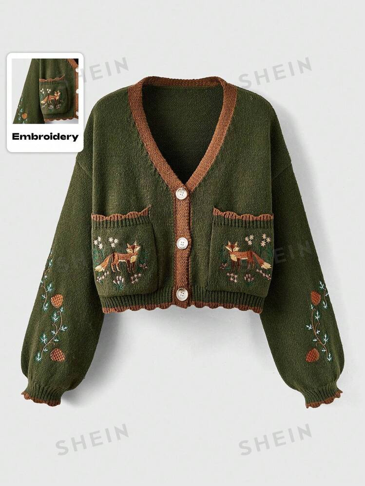 ROMWE Fairycore Flower Embroidery Patchwork Border Cardigan, School | SHEIN