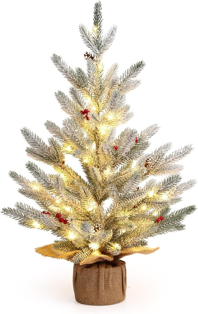 24 Inch Table Top Christmas Tree, Artificial Small Christmas Tree with 50 LED Lights, Prelit Whit... | Amazon (US)