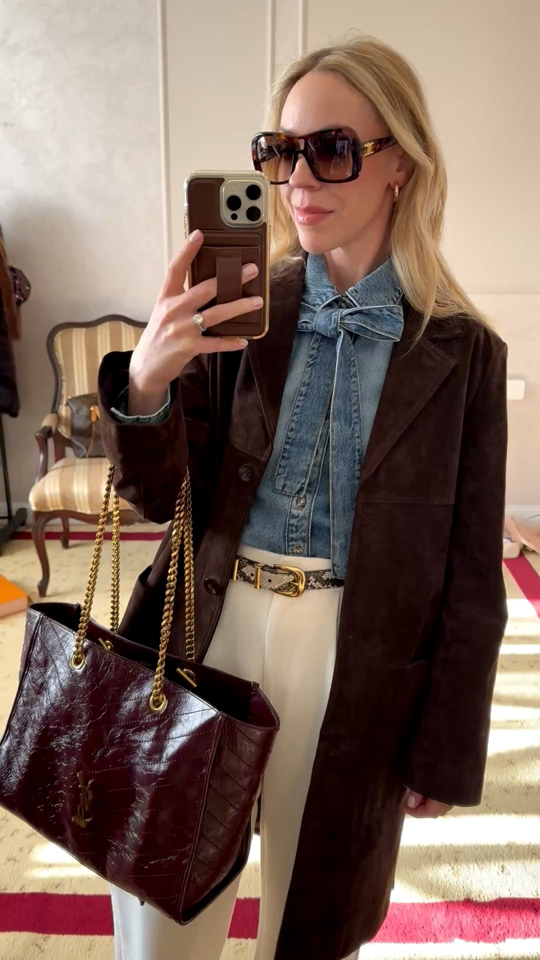 Spring workwear, business casual, @Zara suede jacket, denim bow blouse, cream trousers, snakeskin belt, burgundy YSL tote bag, office look

#LTKWorkwear #LTKSeasonal #LTKOver40