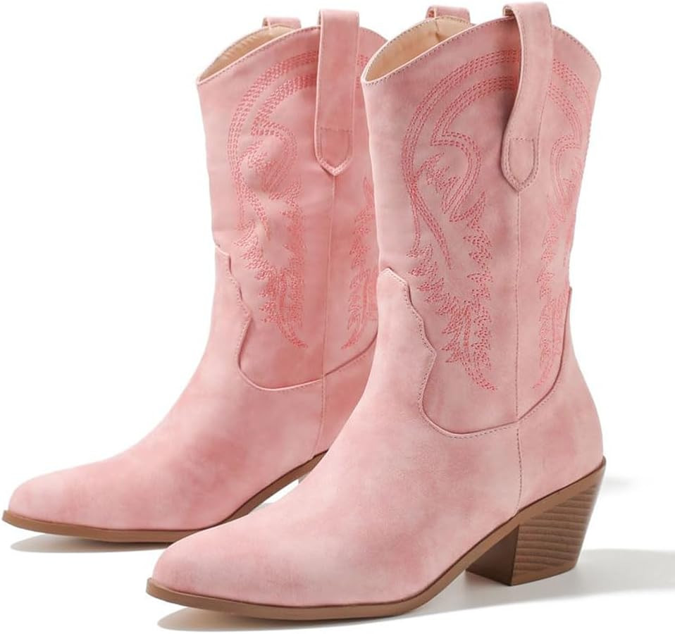 LIPIJIXI Embroider Cowboy Boots for Women Stacked Heel Wide Calf Cowgirl Boots | Amazon (CA)
