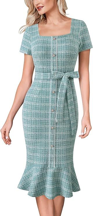 VFSHOW Womens Business Retro Square Neck Button Cocktail Church Mermaid Dress Elegant Office Belt... | Amazon (US)