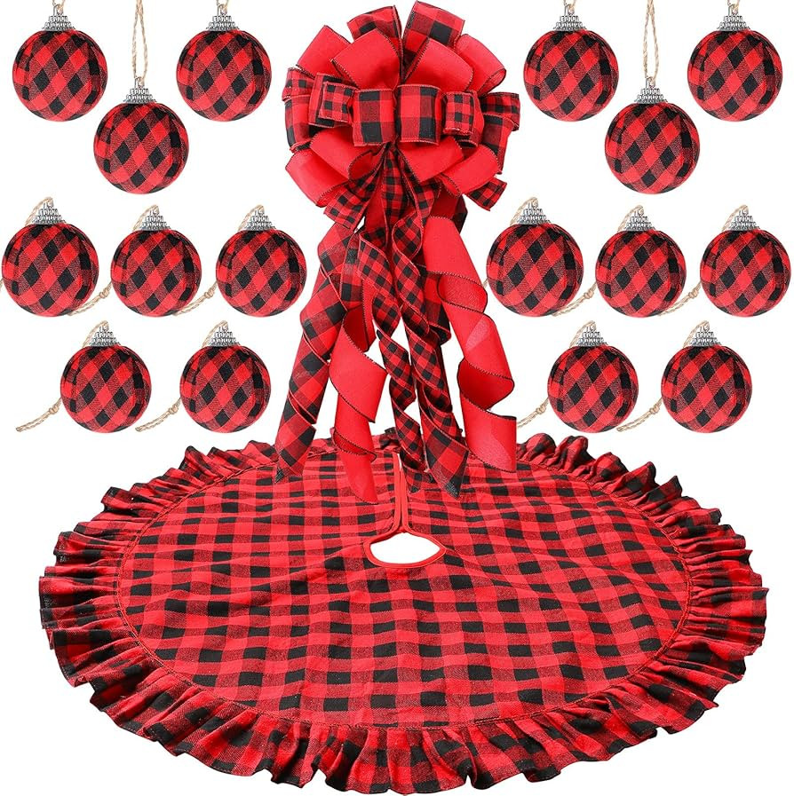 Syhood Buffalo Plaid Christmas Tree Decorations Set - 16 Pieces Ornaments, Topper, Skirt - Red & ... | Amazon (US)