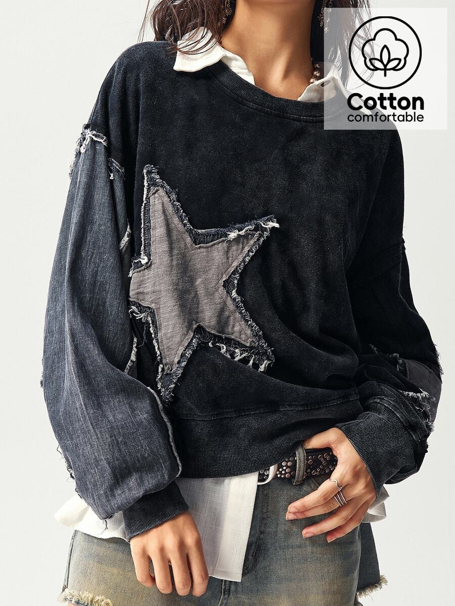 Bohemela Autumn Boho Grunge Streetwear Country Music Festival Halloween Casual Solid Color Patchwork Crew Neck Loose Washed Women Sweatshirt Everyday Black | SHEIN