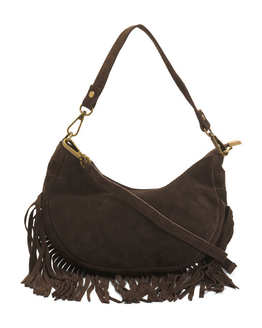 Made In Italy Suede Crescent Shoulder Bag With Fringes | TJ Maxx