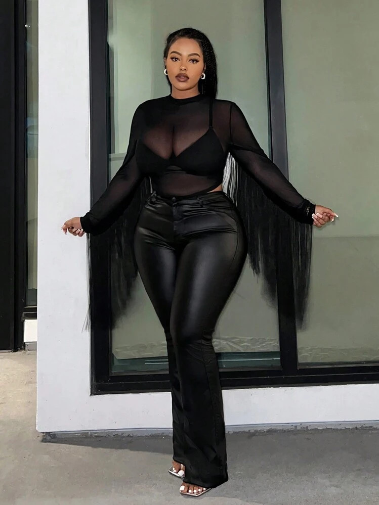 Slaydiva Plus-Size Music Festival Skinny Knit Mesh See-Through Tassel Detail Patchwork Top In Bla... | SHEIN