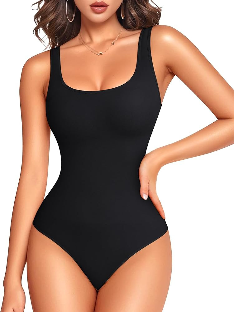 LODAY Bodysuits for Women Scoop Neck Body Suits Sleeveless Double Lined Bodysuit Tank Top | Amazon (US)