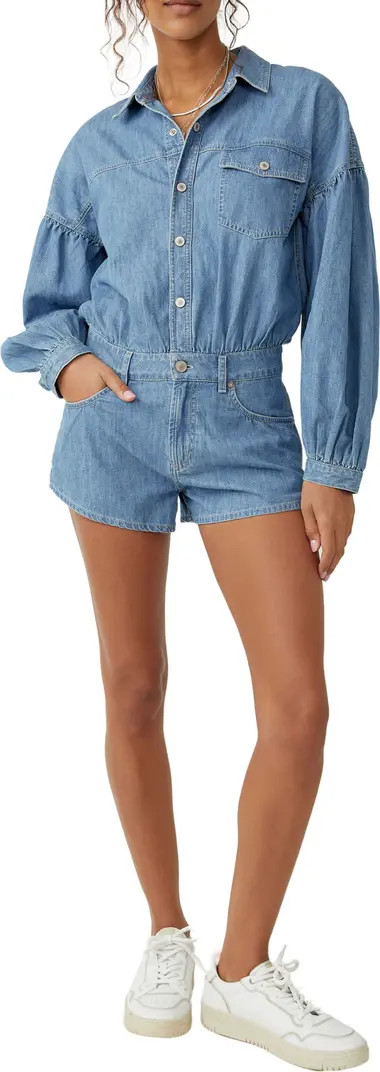 Zodiac Long Sleeve Cotton Chambray Romper | Nordstrom