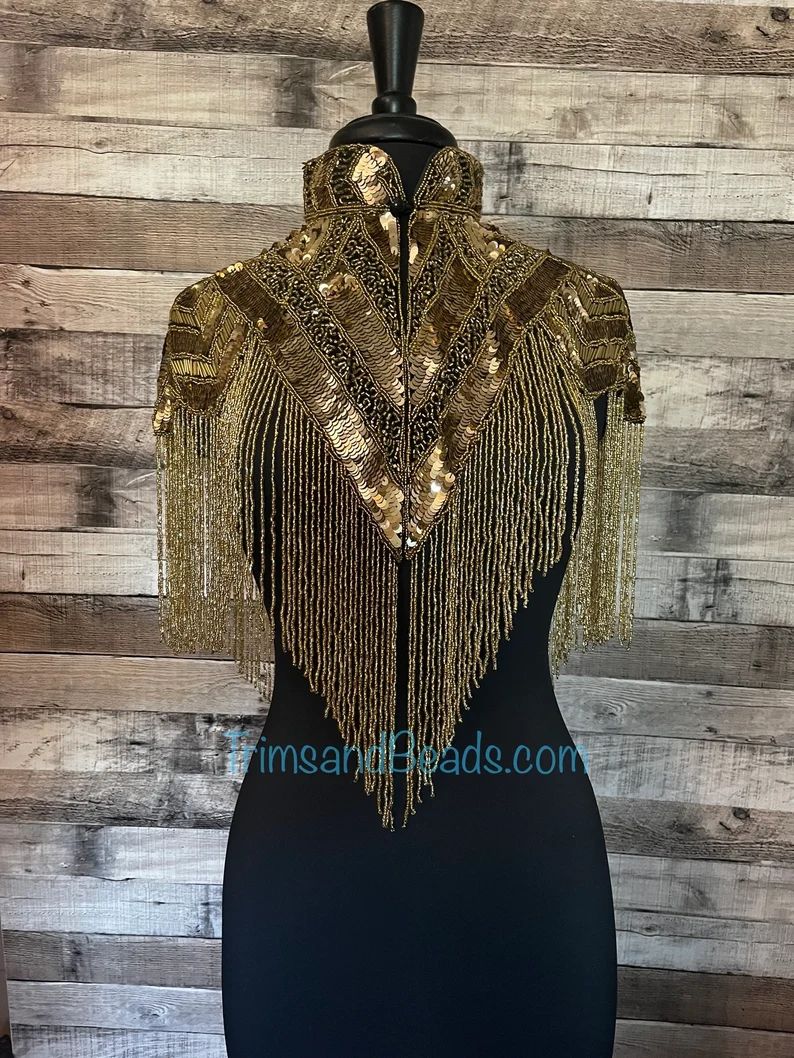 Gold Fringe Sequin Glass Beaded & Sequin Collar Shoulder Shrug Shawl Applique Wrap - Etsy | Etsy (US)