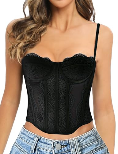 Tank Top for Women Summer Lace Corset Top Bustier Mesh Sexy Bodysuit Vintage Going Out Party Crop Tops Black Large | Amazon (US)
