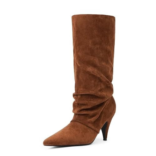 Modatope Brown Suede Slouchy Boots for Women Pointed Toe Mid Calf Boots Chunky Heel Womens Boots Slip On Fold Over Boots Size 11 | Amazon (US)