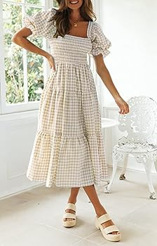 ZESICA Women's 2023 Bohemian Summer Plaid Square Neck Puff Sleeve Ruffle Flowy Beach Midi Dress | Amazon (US)