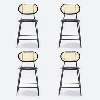 LUE BONA 24 in. Black Rattan Counter Height Bar Stools with Faux Leather Seat (Set of 4) LB21CH00... | The Home Depot