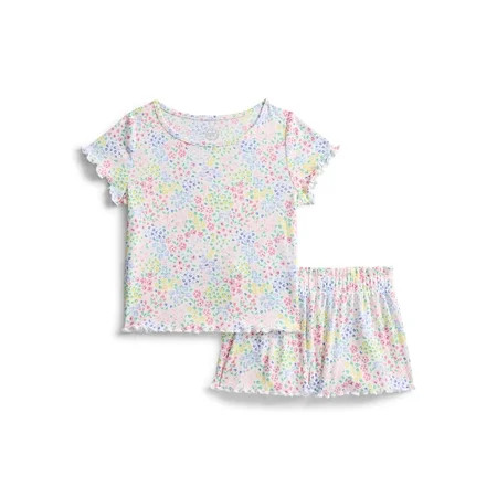 Wonder Nation Girls Ribbed Short Sleeve Top and Shorts Pajama Set, 2-Piece, Sizes 4-18 | Walmart (US)