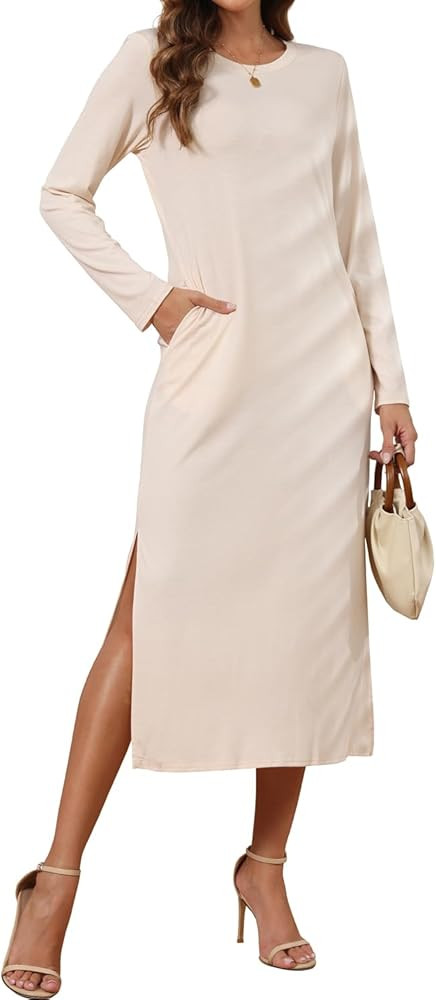 Naggoo Women Long Sleeve T Shirt Midi Dress Casual Plain Dressy Split Crewneck Maxi Dresses with ... | Amazon (US)