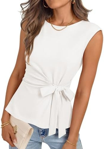 MEROKEETY Tops for Women Dressy Casual 2026 Summer Tie Front Boat Neck Cap Sleeve Business Work B... | Amazon (US)