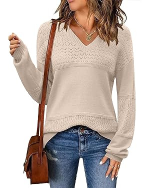 Zeagoo Womens 2025 Fall Sweaters Casual Long Sleeve Ribbed Knit Pullover V Neck Lightweight Croch... | Amazon (US)