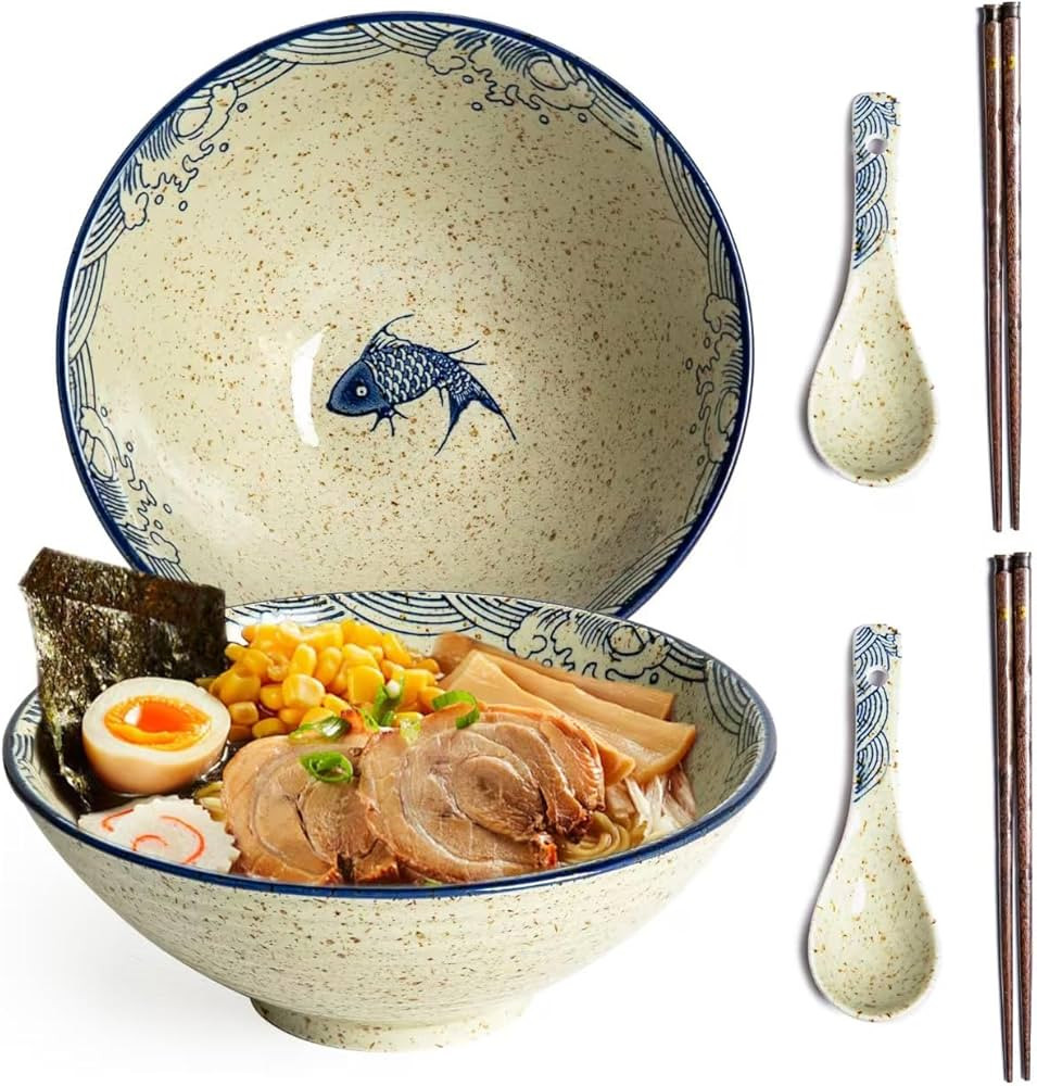 Ceramic Ramen Bowl Set of 2, 40oz Japanese Noodle Bowls with Spoons & Chopsticks Porcelain Large ... | Amazon (US)