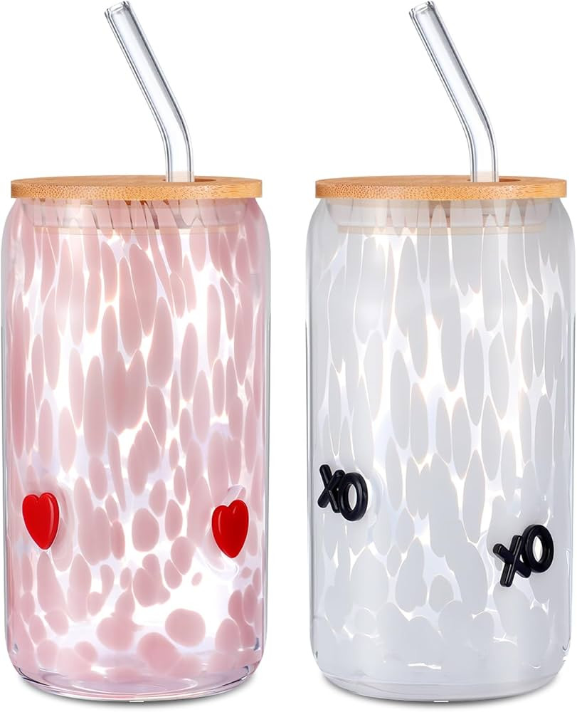 Potchen Set of 2 Valentine's Day Cute Glass Can Cup with Lid and Straw Heart XO Pink and White Ae... | Amazon (US)