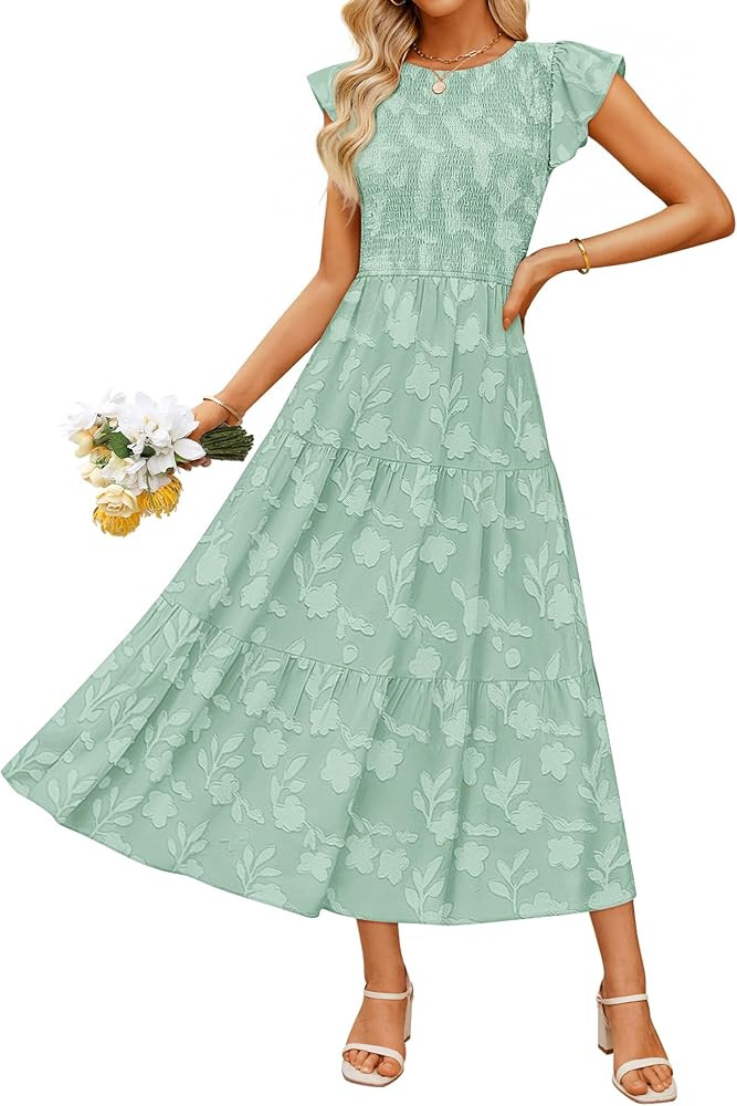 ZESICA Women's Summer Boho Floral Midi Dress 2026 Casual Flutter Short Sleeve Crewneck Smocked Fl... | Amazon (US)