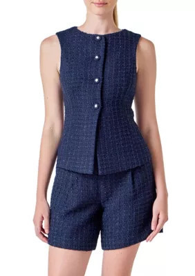 Endless Rose Women's Tweed Buttoned Sleeveless, Navy Blue, Medium | Belk