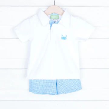 Crab Embroidered Polo Set Pink and Aqua Plaid | Classic Whimsy