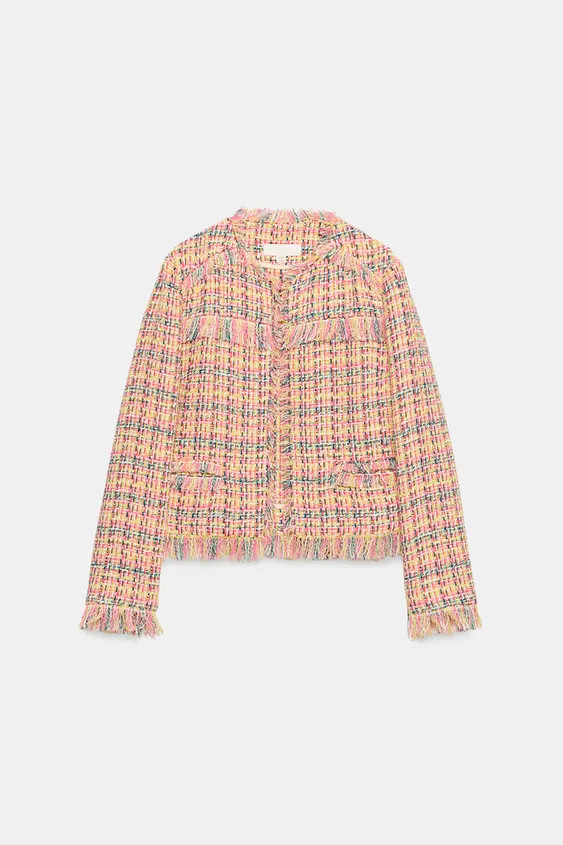 Model height: 183 cmOpen blazer in a textured fabric with fringed trims. Featuring a round neck, ... | Zara UK