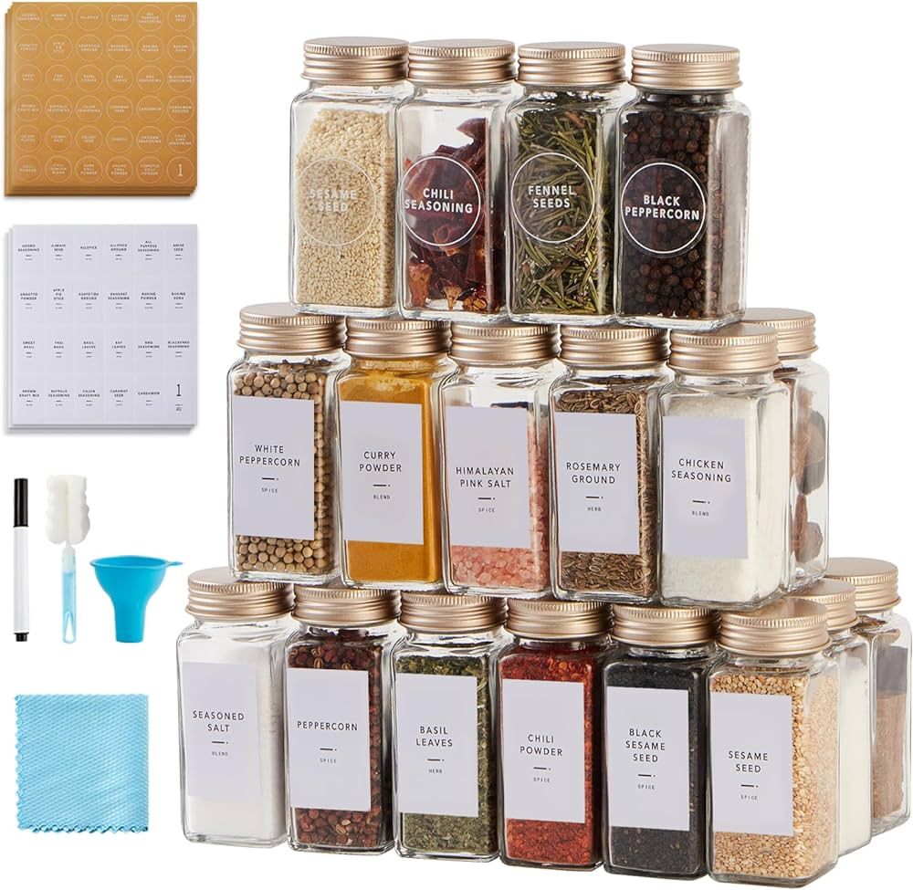 Skiileor 25 Pcs Spice Jars with Label- Glass Spice Jars with Gold Metal Caps,Shaker Lids, Funnel,... | Amazon (US)
