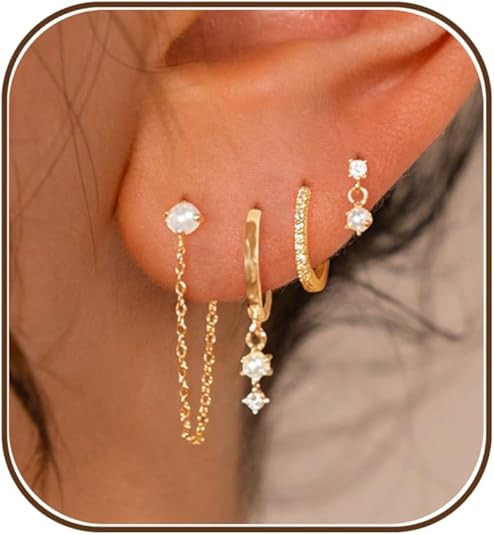 Gold Plated Earrings for Women, 14k Gold Plated Earring Stack Hypoallergenic Pearl Drop Earring D... | Amazon (US)