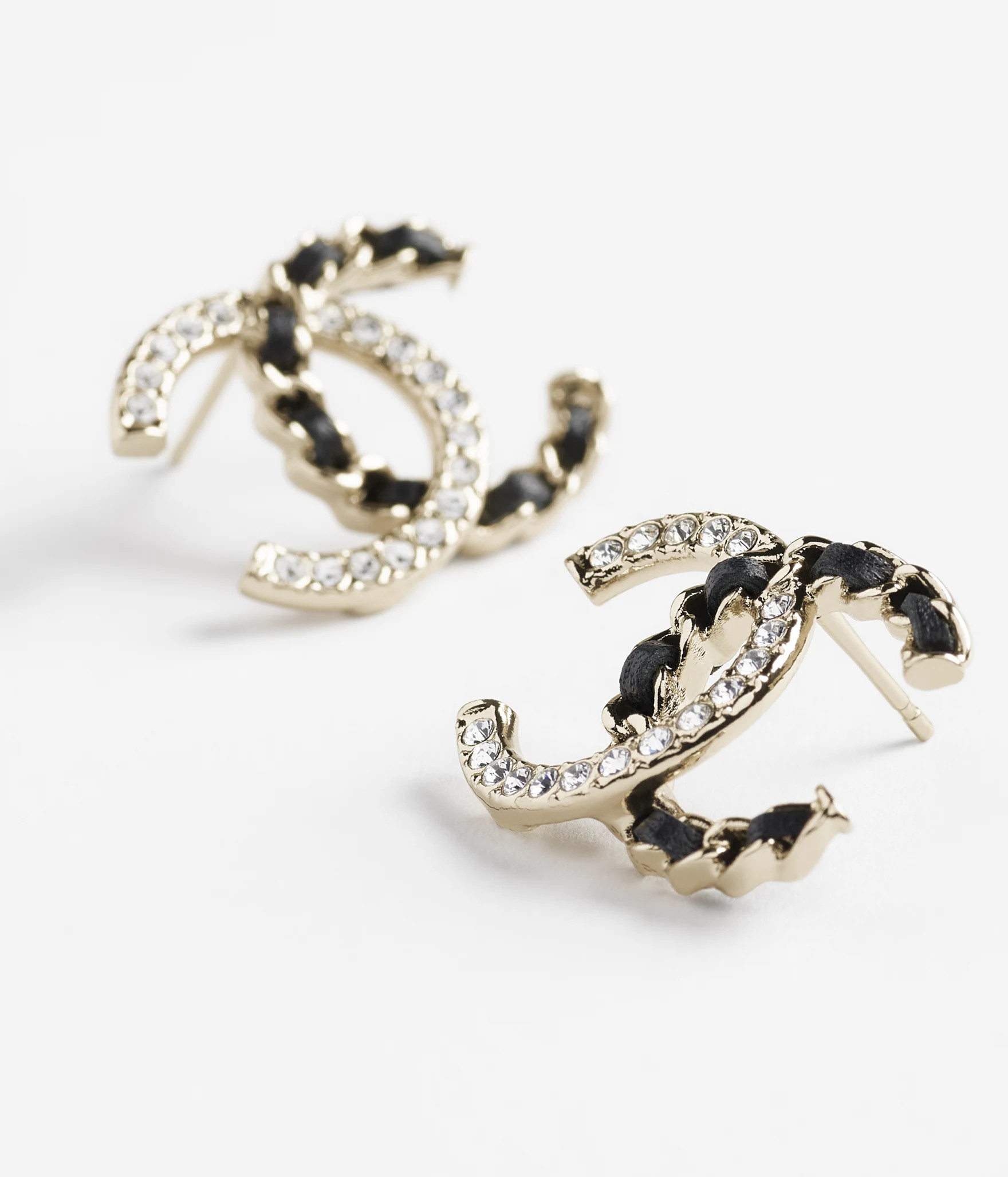Stud earrings - Metal, calfskin & strass, gold, black & crystal — Fashion | CHANEL | Chanel, Inc. (US)