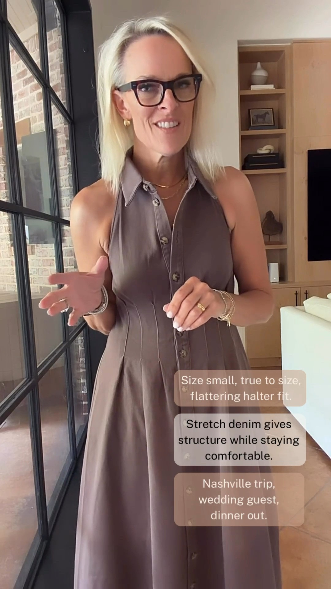 This taupe-brown shirt dress is such an easy one-and-done outfit. I’m wearing a small, true to size, and love the flattering halter neckline and comfortable stretch denim. I could see wearing this for a Nashville trip, a wedding guest look, or dinner out.

#LTKootd #LTKOver40 #LTKgrwm