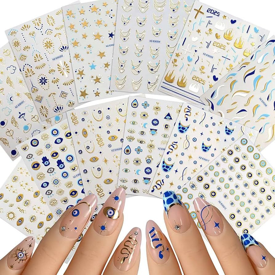 12 Sheets Evil Eye Nail Stickers for Nail Art Star Nail Stickers Moon Nail Decals Snake Self Adhe... | Amazon (US)