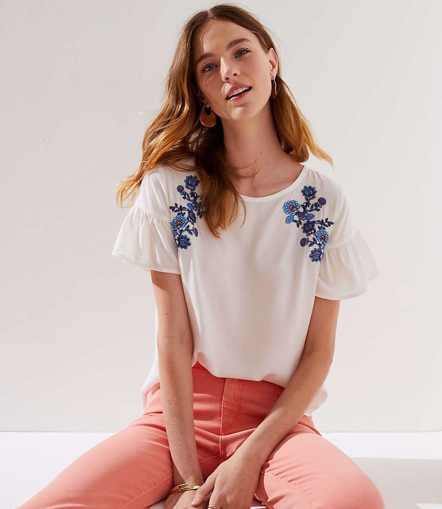 Floral Embroidered Ruffle Cuff Top | LOFT