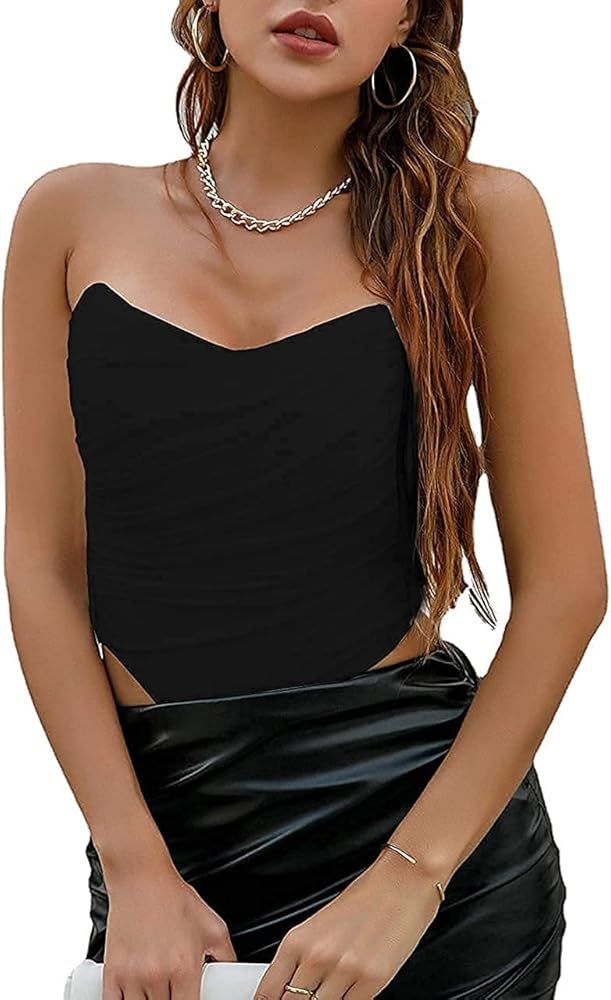 Modegal Women's Vintage Strapless Open Back Boned Mesh Bustier Zip Back Corset Bodyshaper Crop Top | Amazon (US)