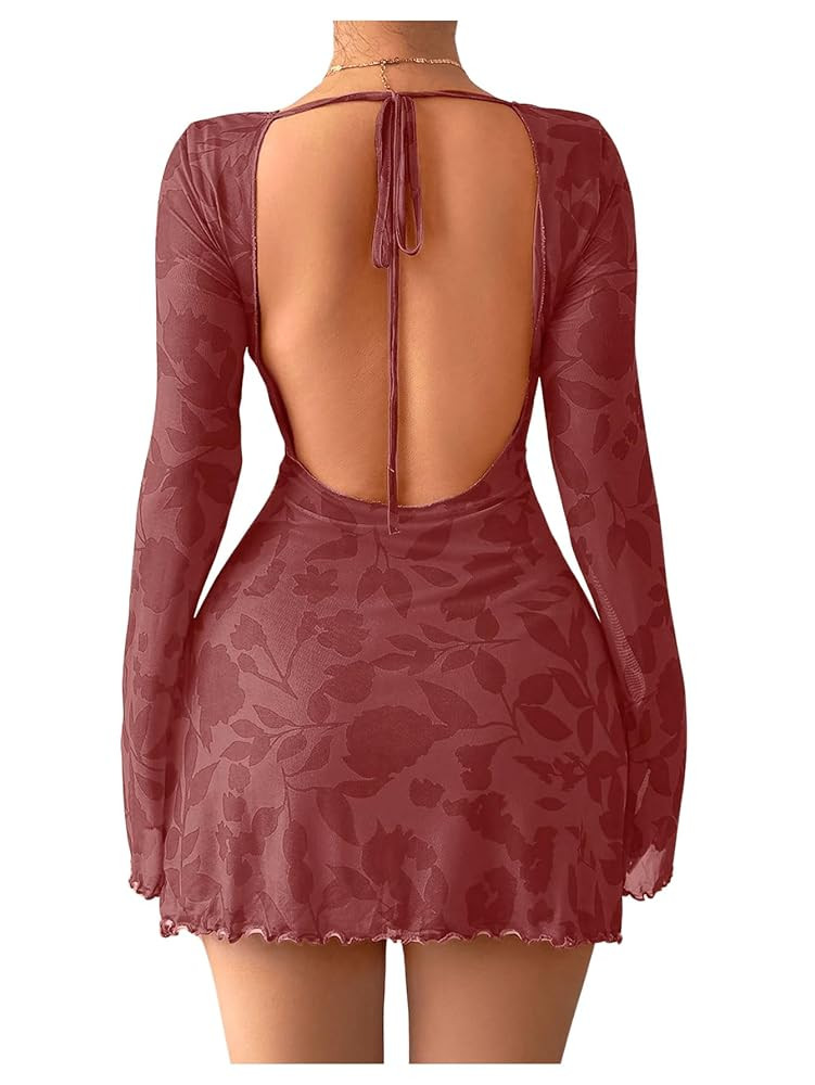 MakeMeChic Women's Floral Print Long Sleeve Mini Dress Mesh Backless Y2k Going Out Dresses | Amazon (US)