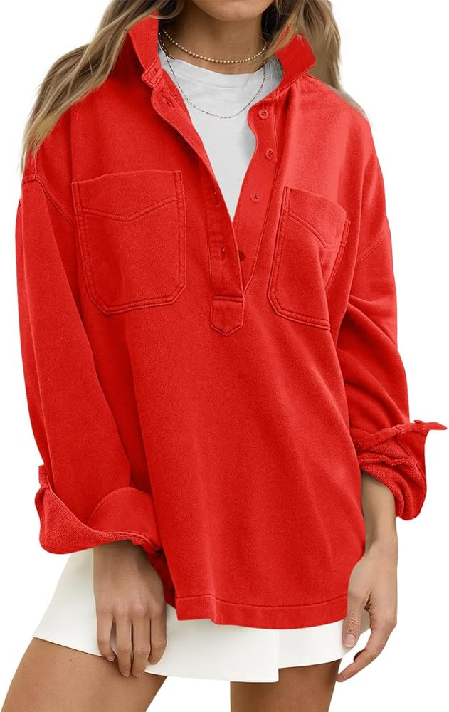 Fisoew Womens Oversized Sweatshirt Casual Long Sleeve Henley V Neck Pullover Tops Fall Outfits Cl... | Amazon (US)