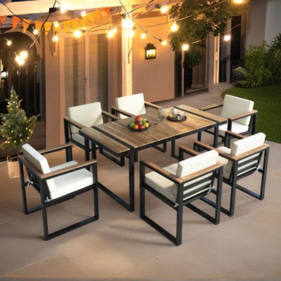7-Piece Outdoor Dining Table and Chair Set,Acacia Wood and Steel Frame,With Umbrella Hole | Wayfair North America