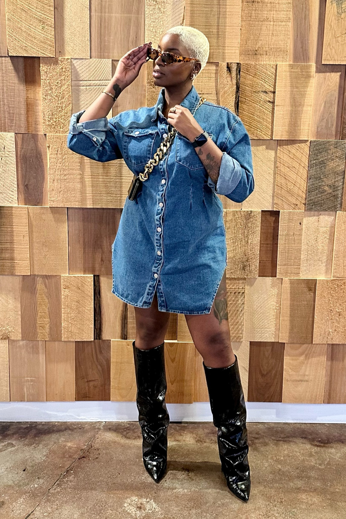 Denim 🤝🏾 Bold Accessories. They do it for me every time! When I originally bought this dress I was iffy on the overall fit, now, years later, I love styling it with bold pieces. The slightly oversized arms, raised hem on the sides and cinched waist always get compliments when I wear it. AND THESE BOOTS! 🤤

#LTKFindsUnder100 #LTKStyleTip #LTKMidsize
