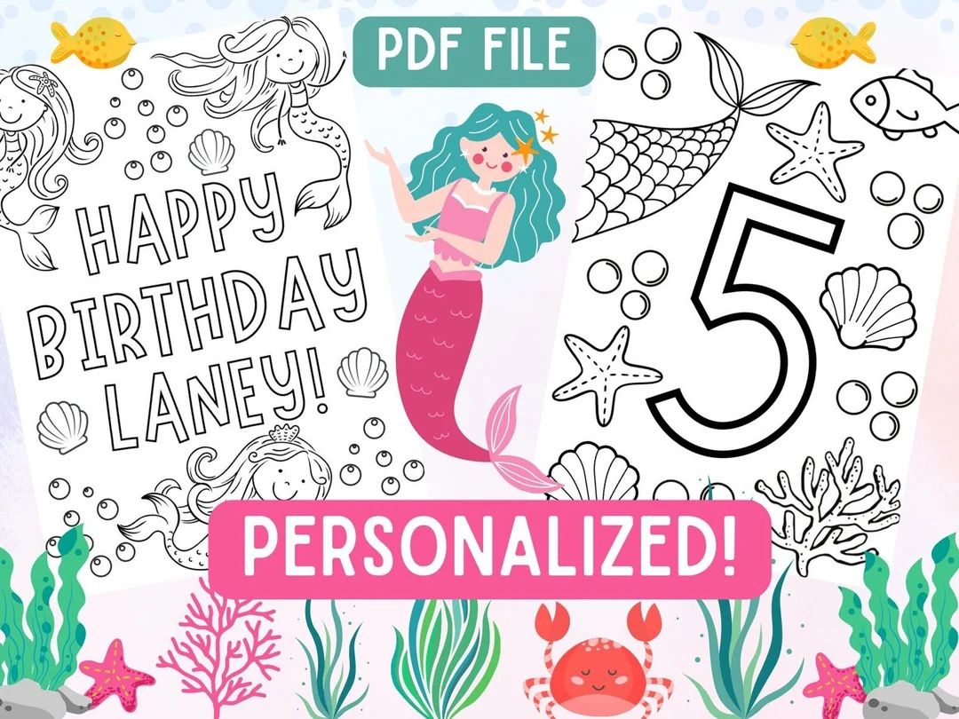 Personalized Mermaid Birthday Coloring Sheets | Etsy (US)