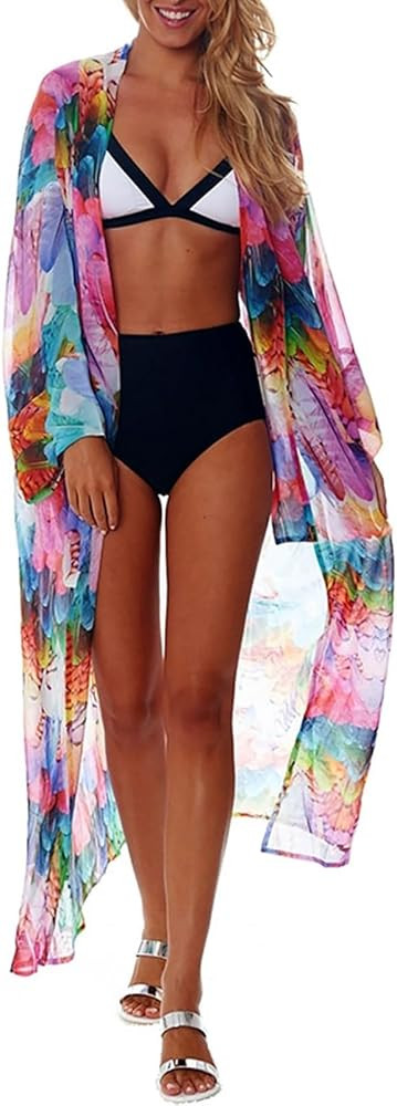 shermie Women's Long Kimono Bohemian Loose Causal Summer Beach Bikini Swimwear Swimsuit Cover Up | Amazon (US)