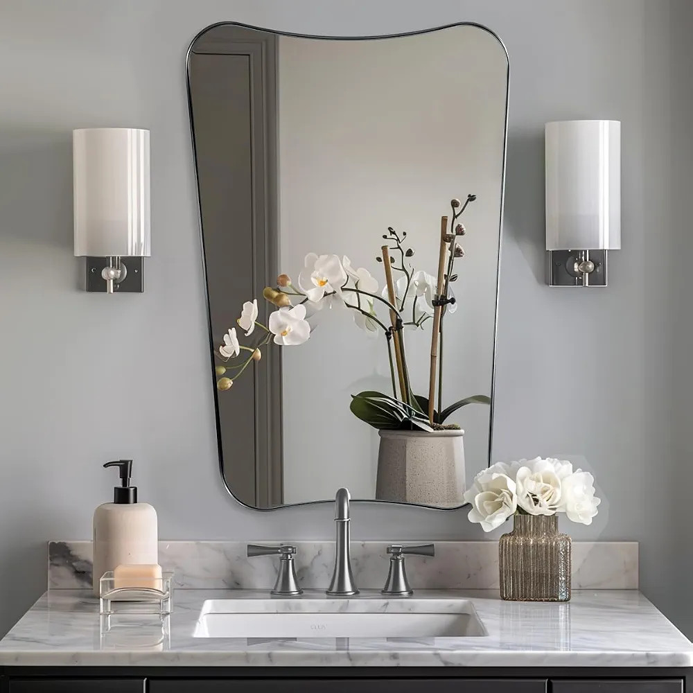 ANDY STAR Brushed Nickel Mirror for Bathroom, 24x36 Wavy Mirror with Stainless Steel Silver Metal... | Amazon (US)