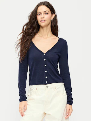 Merino Wool-Blend Sheer Cropped V-Neck Cardigan | Old Navy (US)