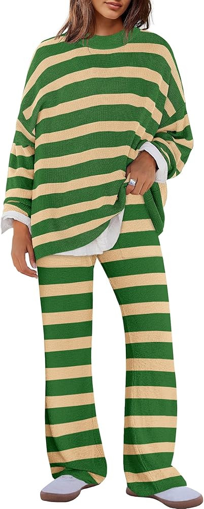 Panadila Womens Oversized Lounge Sets Striped Sweater Set 2 Piece Pajama Set Long Sleeve Top and ... | Amazon (US)
